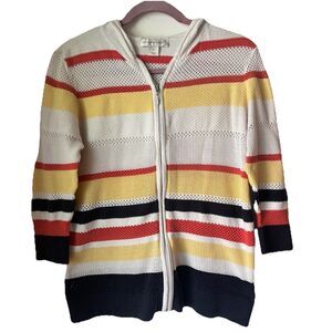Christopher &Banks M Hooded Zip Sweater Lightweight 3/4 Sleeve Striped Open Knit